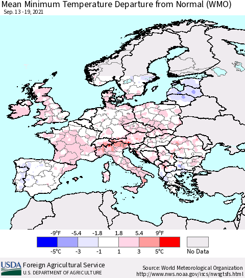 Europe Mean Minimum Temperature Departure from Normal (WMO) Thematic Map For 9/13/2021 - 9/19/2021