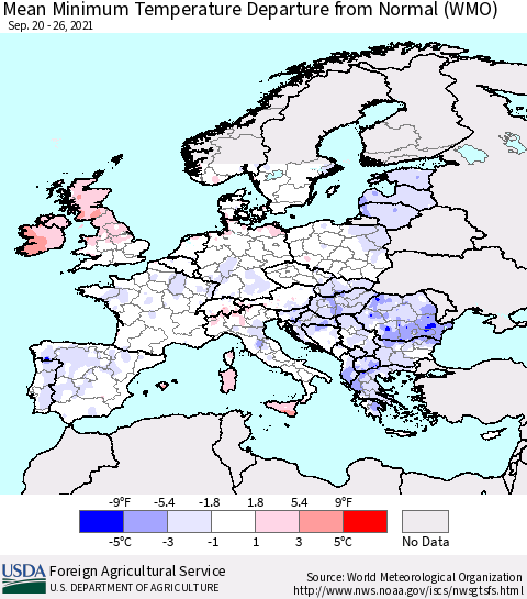 Europe Mean Minimum Temperature Departure from Normal (WMO) Thematic Map For 9/20/2021 - 9/26/2021