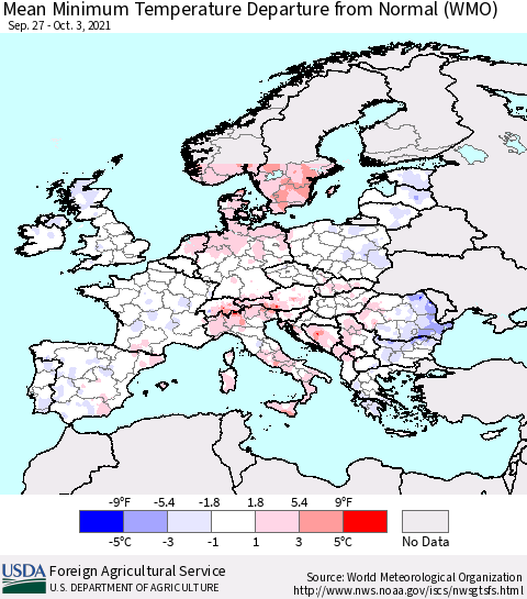 Europe Mean Minimum Temperature Departure from Normal (WMO) Thematic Map For 9/27/2021 - 10/3/2021