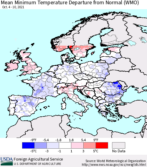 Europe Mean Minimum Temperature Departure from Normal (WMO) Thematic Map For 10/4/2021 - 10/10/2021