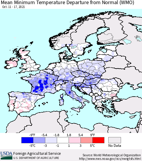 Europe Mean Minimum Temperature Departure from Normal (WMO) Thematic Map For 10/11/2021 - 10/17/2021