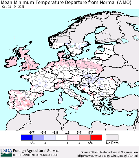 Europe Mean Minimum Temperature Departure from Normal (WMO) Thematic Map For 10/18/2021 - 10/24/2021