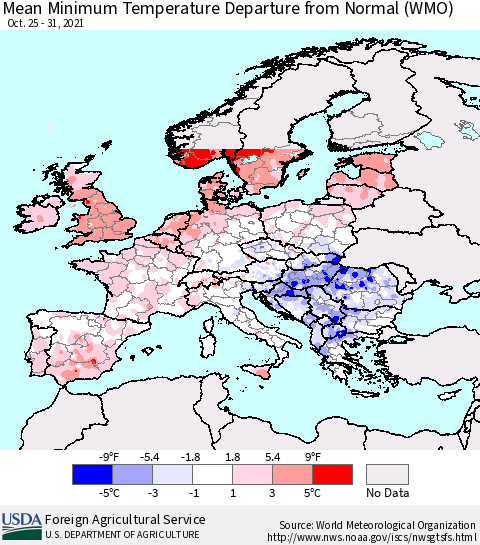 Europe Mean Minimum Temperature Departure from Normal (WMO) Thematic Map For 10/25/2021 - 10/31/2021
