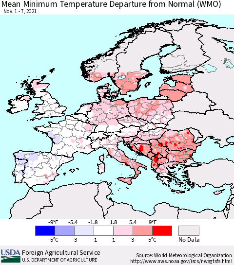 Europe Mean Minimum Temperature Departure from Normal (WMO) Thematic Map For 11/1/2021 - 11/7/2021