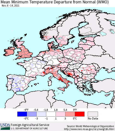 Europe Mean Minimum Temperature Departure from Normal (WMO) Thematic Map For 11/8/2021 - 11/14/2021