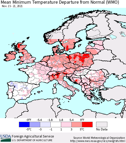 Europe Mean Minimum Temperature Departure from Normal (WMO) Thematic Map For 11/15/2021 - 11/21/2021
