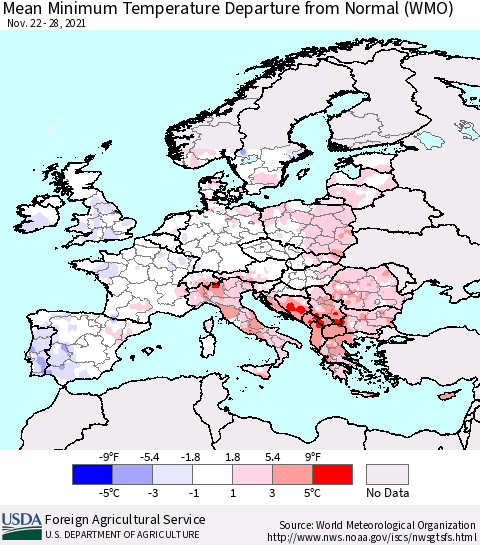Europe Mean Minimum Temperature Departure from Normal (WMO) Thematic Map For 11/22/2021 - 11/28/2021