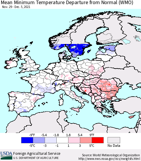 Europe Mean Minimum Temperature Departure from Normal (WMO) Thematic Map For 11/29/2021 - 12/5/2021