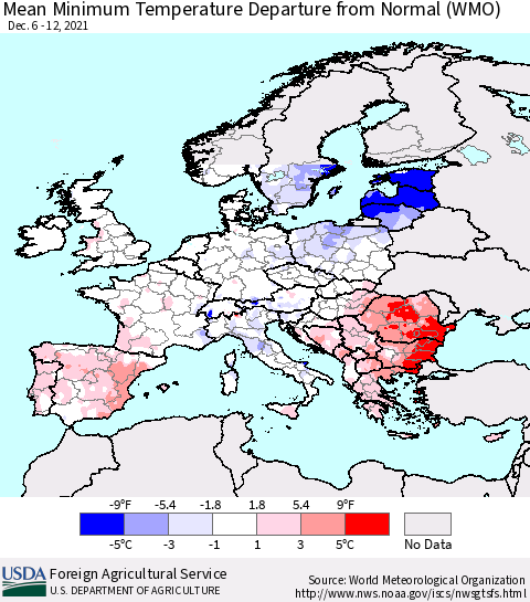 Europe Mean Minimum Temperature Departure from Normal (WMO) Thematic Map For 12/6/2021 - 12/12/2021