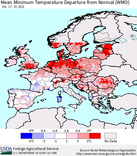 Europe Mean Minimum Temperature Departure from Normal (WMO) Thematic Map For 12/13/2021 - 12/19/2021