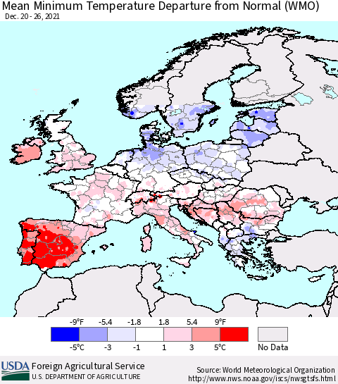 Europe Mean Minimum Temperature Departure from Normal (WMO) Thematic Map For 12/20/2021 - 12/26/2021