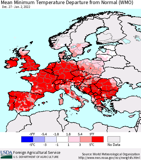 Europe Mean Minimum Temperature Departure from Normal (WMO) Thematic Map For 12/27/2021 - 1/2/2022