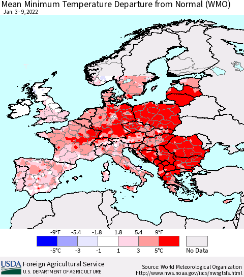 Europe Mean Minimum Temperature Departure from Normal (WMO) Thematic Map For 1/3/2022 - 1/9/2022