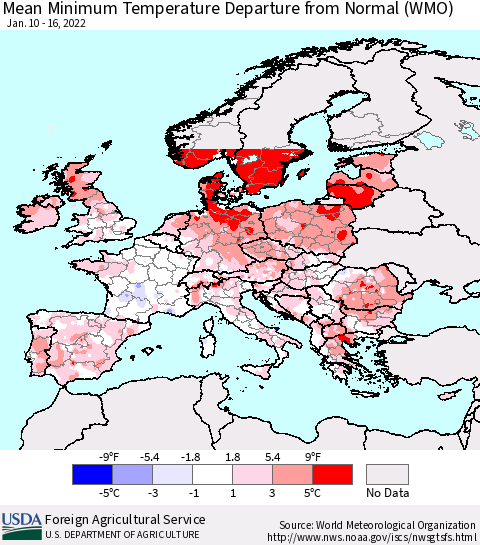 Europe Mean Minimum Temperature Departure from Normal (WMO) Thematic Map For 1/10/2022 - 1/16/2022