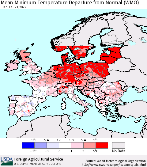 Europe Mean Minimum Temperature Departure from Normal (WMO) Thematic Map For 1/17/2022 - 1/23/2022