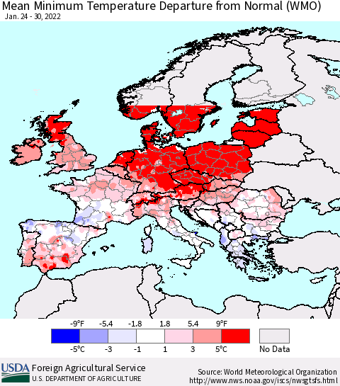 Europe Mean Minimum Temperature Departure from Normal (WMO) Thematic Map For 1/24/2022 - 1/30/2022