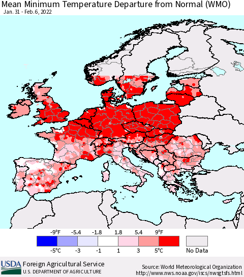 Europe Mean Minimum Temperature Departure from Normal (WMO) Thematic Map For 1/31/2022 - 2/6/2022