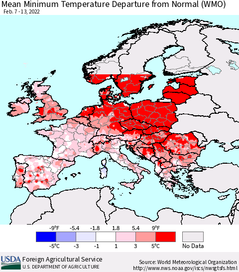 Europe Mean Minimum Temperature Departure from Normal (WMO) Thematic Map For 2/7/2022 - 2/13/2022