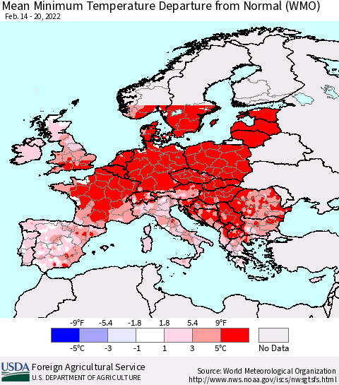 Europe Mean Minimum Temperature Departure from Normal (WMO) Thematic Map For 2/14/2022 - 2/20/2022