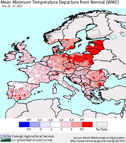 Europe Mean Minimum Temperature Departure from Normal (WMO) Thematic Map For 2/21/2022 - 2/27/2022
