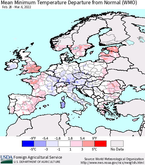 Europe Mean Minimum Temperature Departure from Normal (WMO) Thematic Map For 2/28/2022 - 3/6/2022