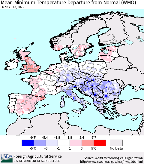 Europe Mean Minimum Temperature Departure from Normal (WMO) Thematic Map For 3/7/2022 - 3/13/2022