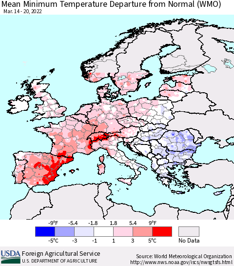 Europe Mean Minimum Temperature Departure from Normal (WMO) Thematic Map For 3/14/2022 - 3/20/2022