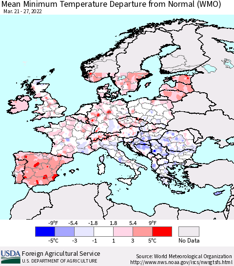Europe Mean Minimum Temperature Departure from Normal (WMO) Thematic Map For 3/21/2022 - 3/27/2022