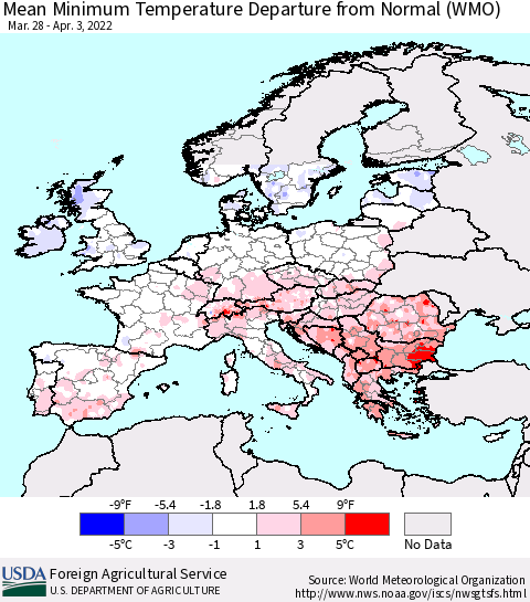 Europe Mean Minimum Temperature Departure from Normal (WMO) Thematic Map For 3/28/2022 - 4/3/2022