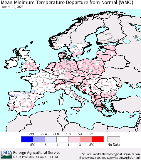 Europe Mean Minimum Temperature Departure from Normal (WMO) Thematic Map For 4/4/2022 - 4/10/2022