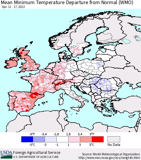 Europe Mean Minimum Temperature Departure from Normal (WMO) Thematic Map For 4/11/2022 - 4/17/2022