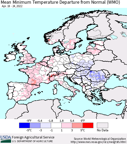 Europe Mean Minimum Temperature Departure from Normal (WMO) Thematic Map For 4/18/2022 - 4/24/2022