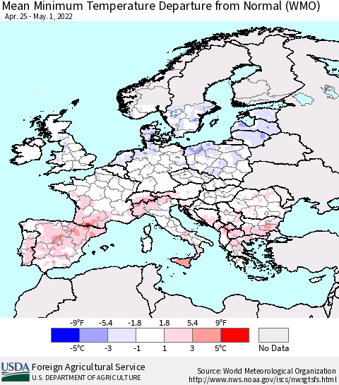 Europe Mean Minimum Temperature Departure from Normal (WMO) Thematic Map For 4/25/2022 - 5/1/2022