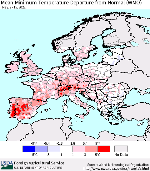 Europe Mean Minimum Temperature Departure from Normal (WMO) Thematic Map For 5/9/2022 - 5/15/2022