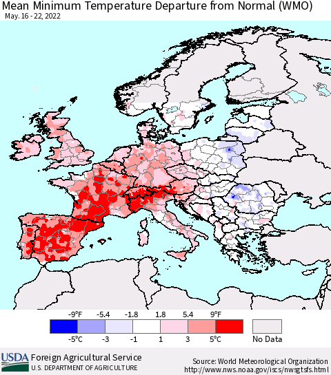 Europe Mean Minimum Temperature Departure from Normal (WMO) Thematic Map For 5/16/2022 - 5/22/2022