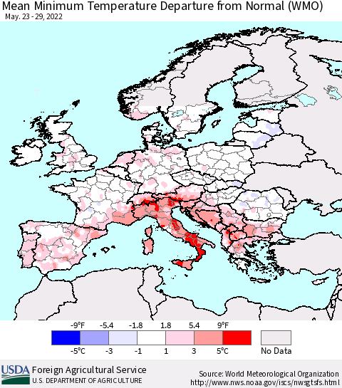 Europe Mean Minimum Temperature Departure from Normal (WMO) Thematic Map For 5/23/2022 - 5/29/2022
