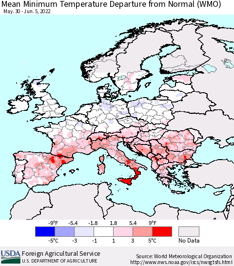 Europe Mean Minimum Temperature Departure from Normal (WMO) Thematic Map For 5/30/2022 - 6/5/2022