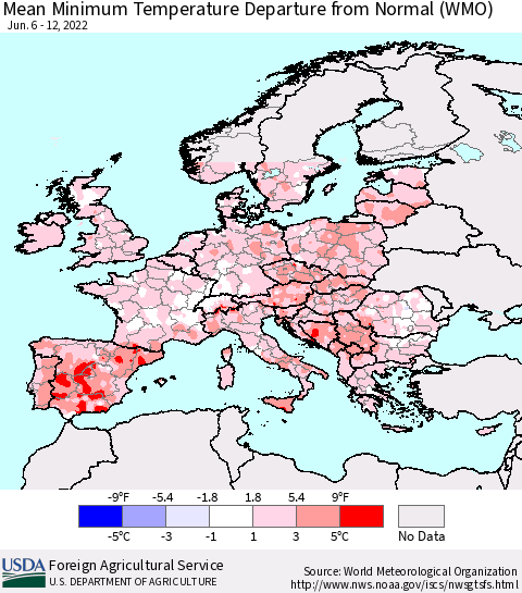 Europe Mean Minimum Temperature Departure from Normal (WMO) Thematic Map For 6/6/2022 - 6/12/2022