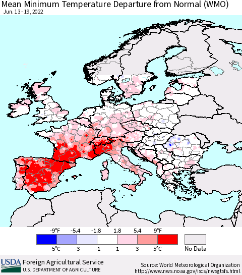 Europe Mean Minimum Temperature Departure from Normal (WMO) Thematic Map For 6/13/2022 - 6/19/2022
