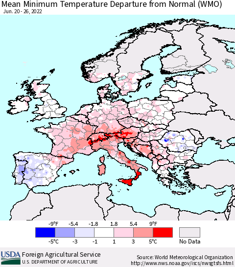 Europe Mean Minimum Temperature Departure from Normal (WMO) Thematic Map For 6/20/2022 - 6/26/2022