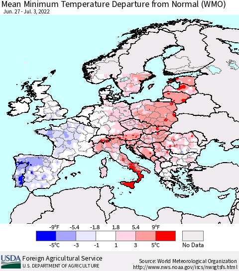 Europe Mean Minimum Temperature Departure from Normal (WMO) Thematic Map For 6/27/2022 - 7/3/2022