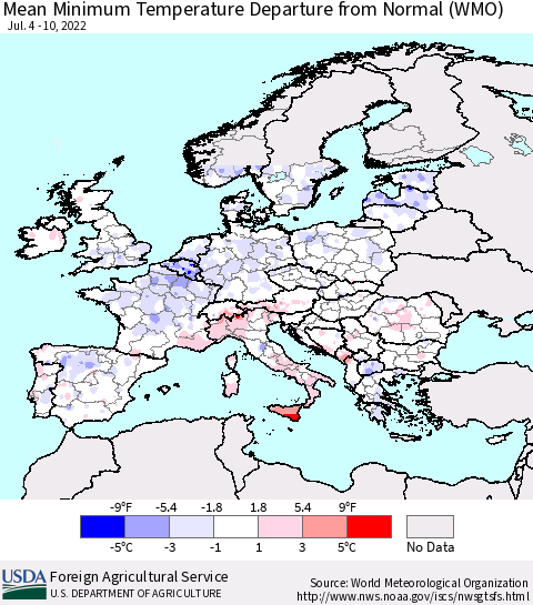 Europe Mean Minimum Temperature Departure from Normal (WMO) Thematic Map For 7/4/2022 - 7/10/2022