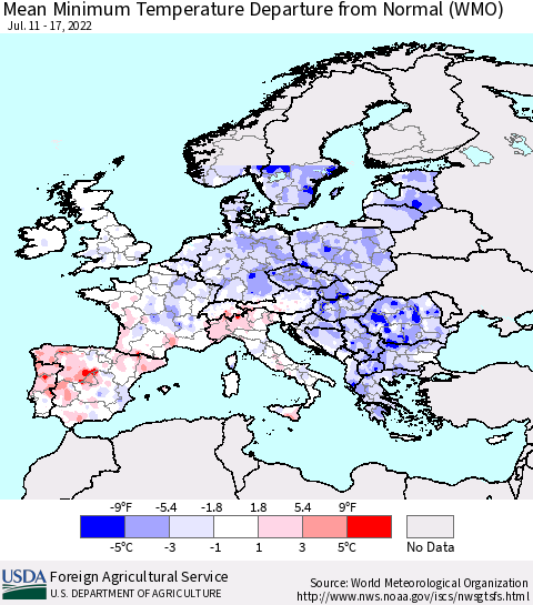 Europe Mean Minimum Temperature Departure from Normal (WMO) Thematic Map For 7/11/2022 - 7/17/2022