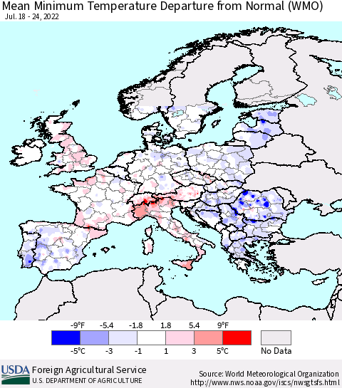 Europe Mean Minimum Temperature Departure from Normal (WMO) Thematic Map For 7/18/2022 - 7/24/2022