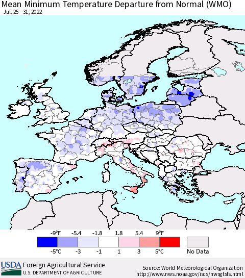 Europe Mean Minimum Temperature Departure from Normal (WMO) Thematic Map For 7/25/2022 - 7/31/2022