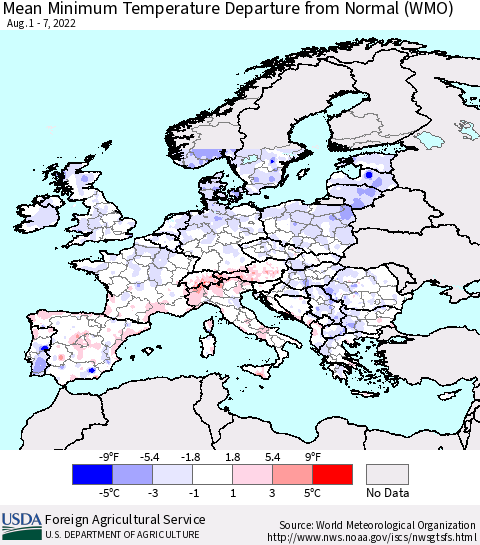 Europe Mean Minimum Temperature Departure from Normal (WMO) Thematic Map For 8/1/2022 - 8/7/2022