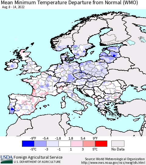 Europe Mean Minimum Temperature Departure from Normal (WMO) Thematic Map For 8/8/2022 - 8/14/2022