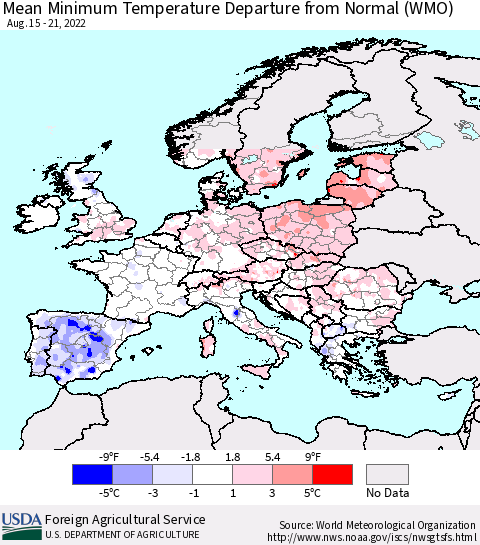 Europe Mean Minimum Temperature Departure from Normal (WMO) Thematic Map For 8/15/2022 - 8/21/2022