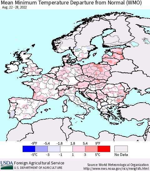 Europe Mean Minimum Temperature Departure from Normal (WMO) Thematic Map For 8/22/2022 - 8/28/2022