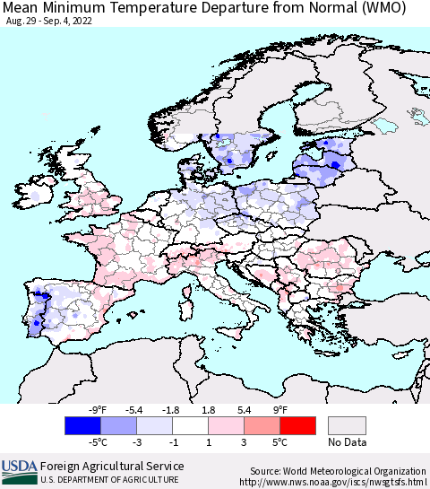 Europe Mean Minimum Temperature Departure from Normal (WMO) Thematic Map For 8/29/2022 - 9/4/2022